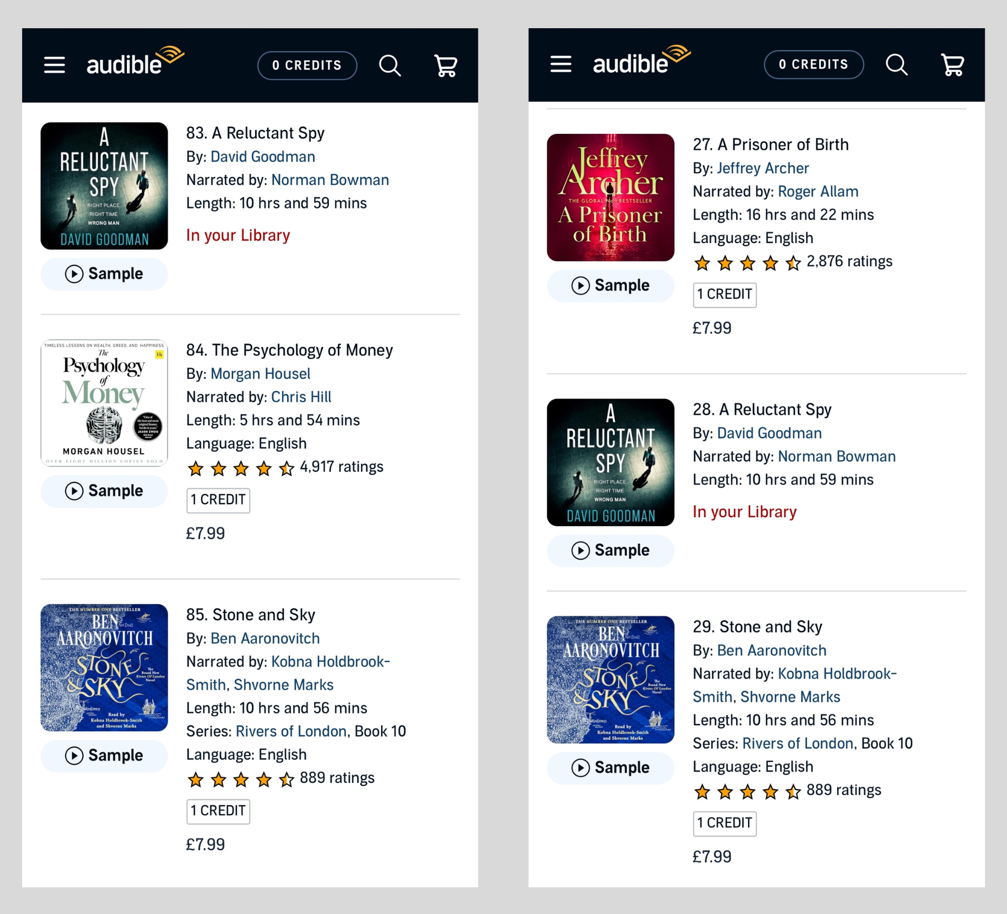 An image of two Audible listings, showing my book at 83 and 28 respectively