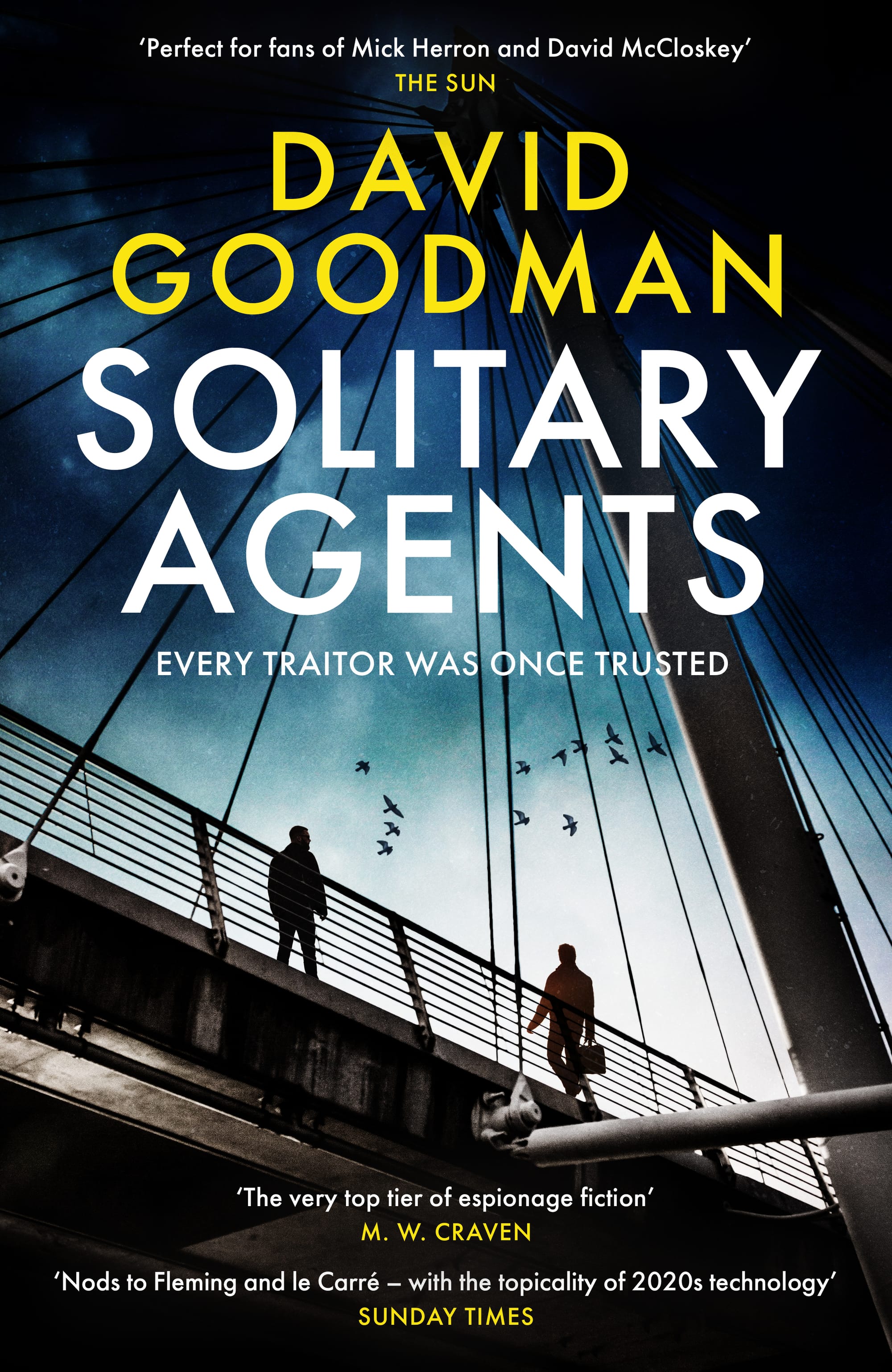 The cover of Solitary Agents, featuring two shadowy figures on a bridge against a dark sky