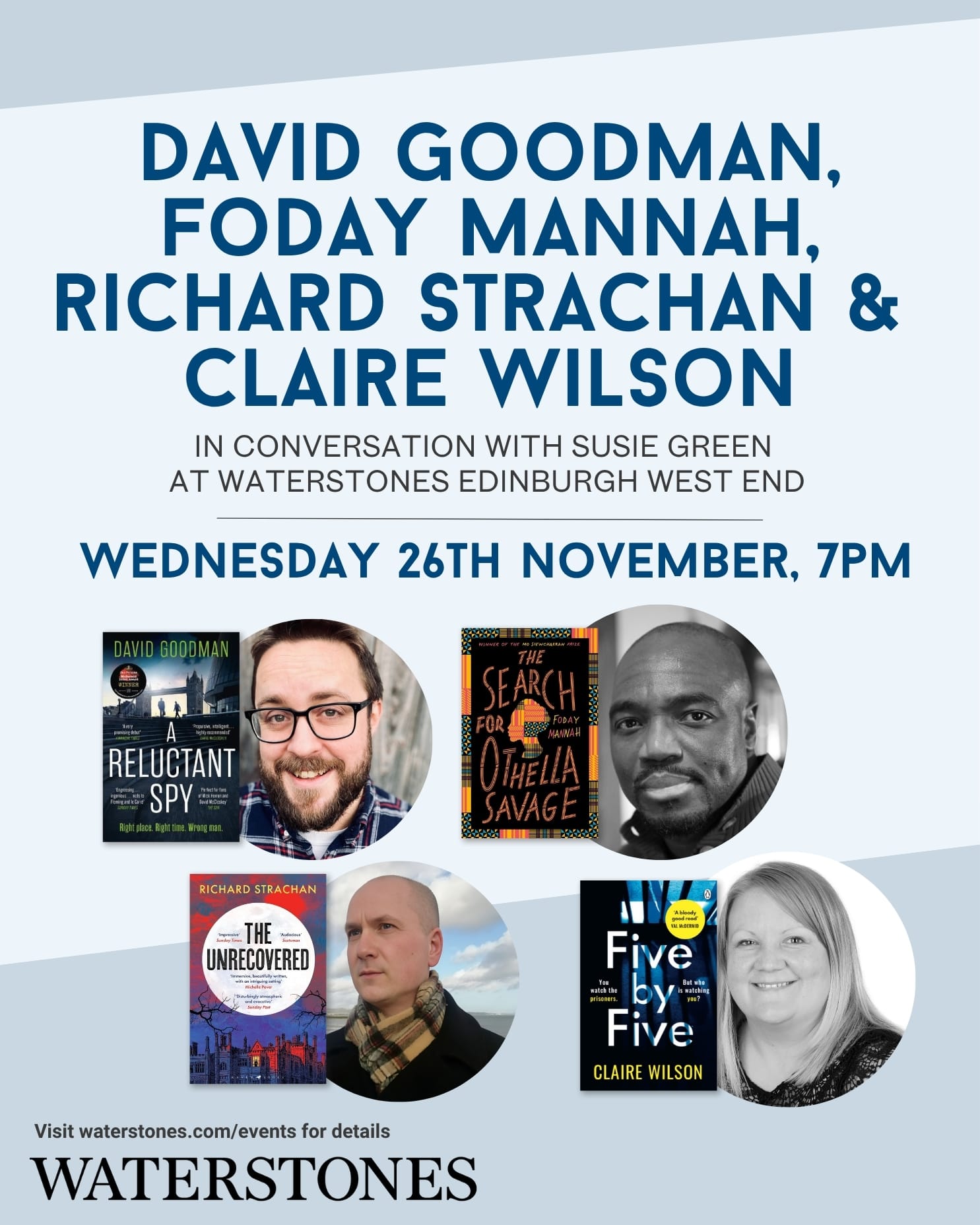 A promo image for the Waterstones panel, featuring me, Foday Mannah, Richard Strachan and Claire Wilson