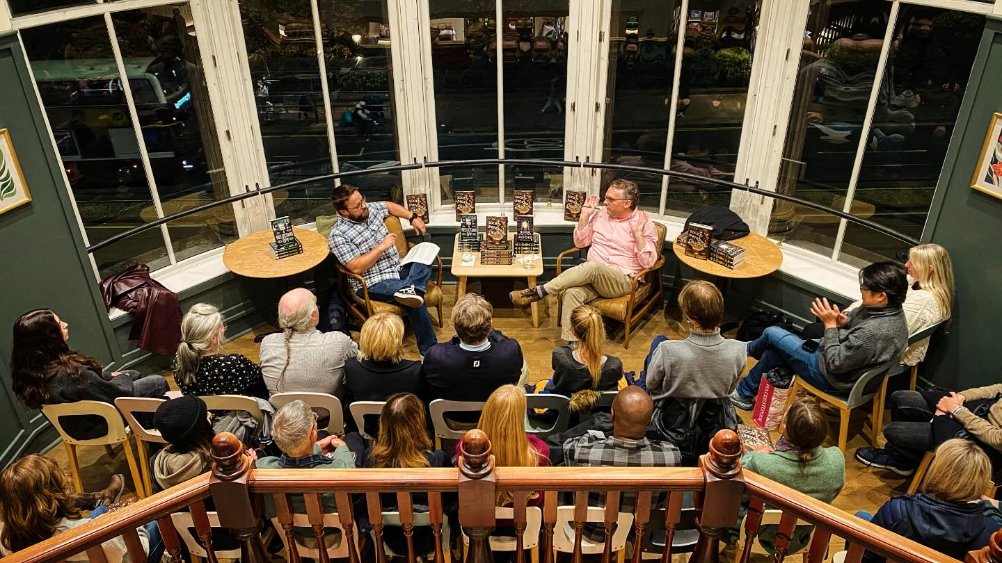 Me and Gareth Brown on the mezzanine at Waterstones West End with an audience of readers