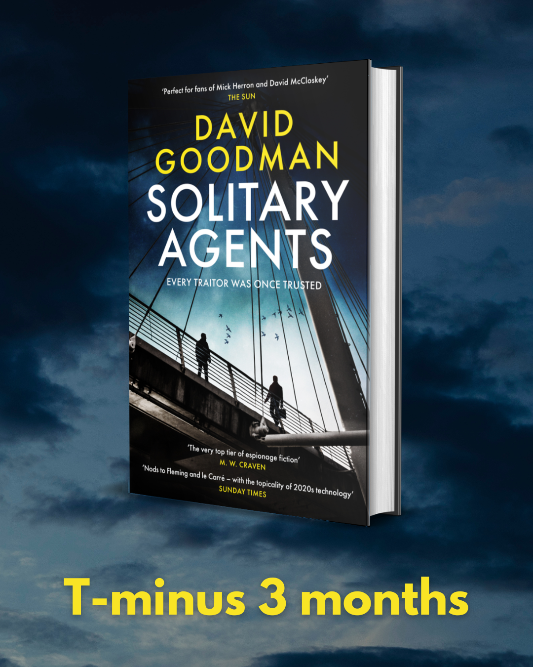 A promo image for Solitary Agents with 'T-minus 3 months' in yellow text