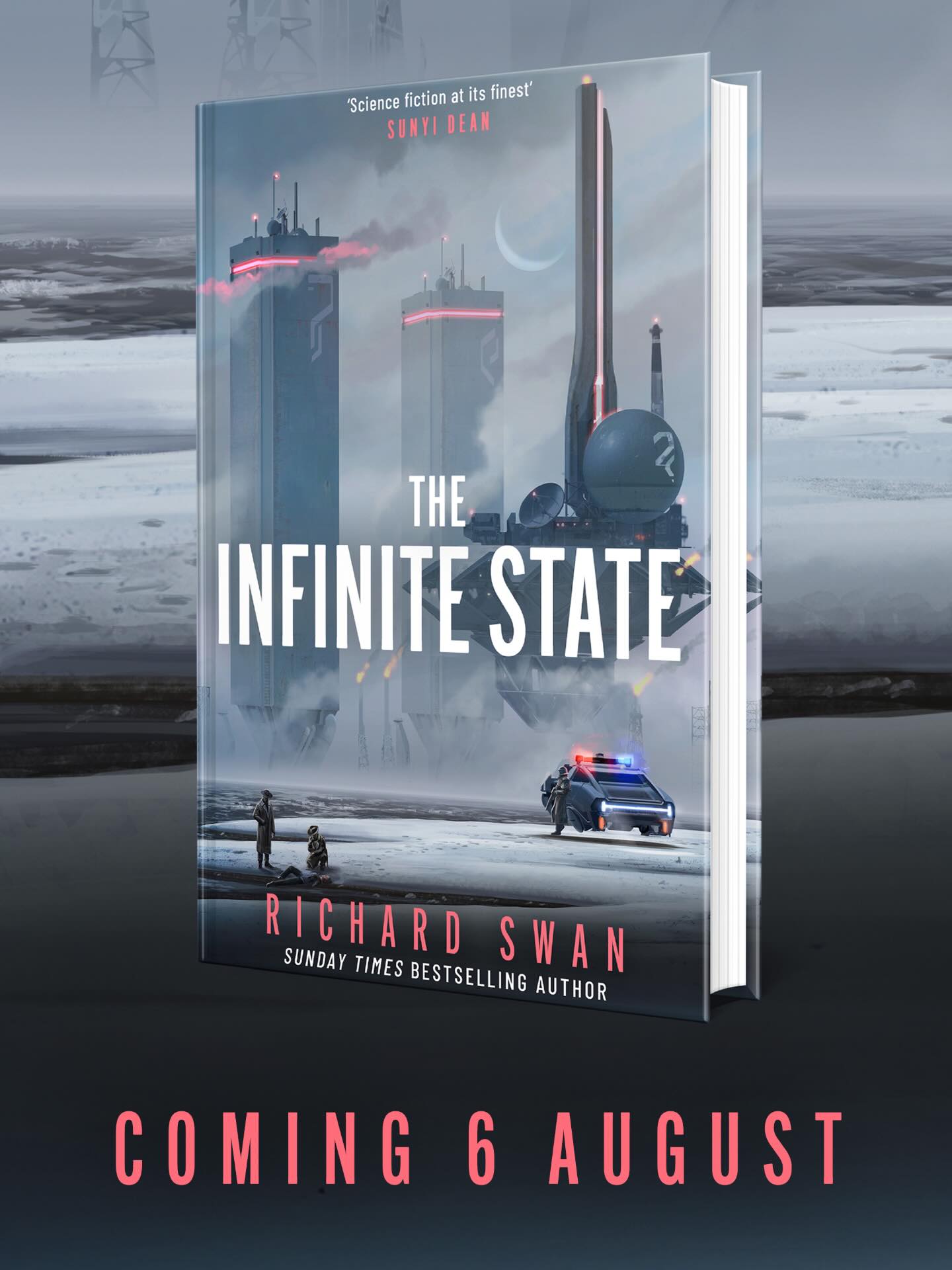 Promo image for THE INFINITE STATE, featuring a futuristic police car in front of a dystopian city, with two figures investigating a body