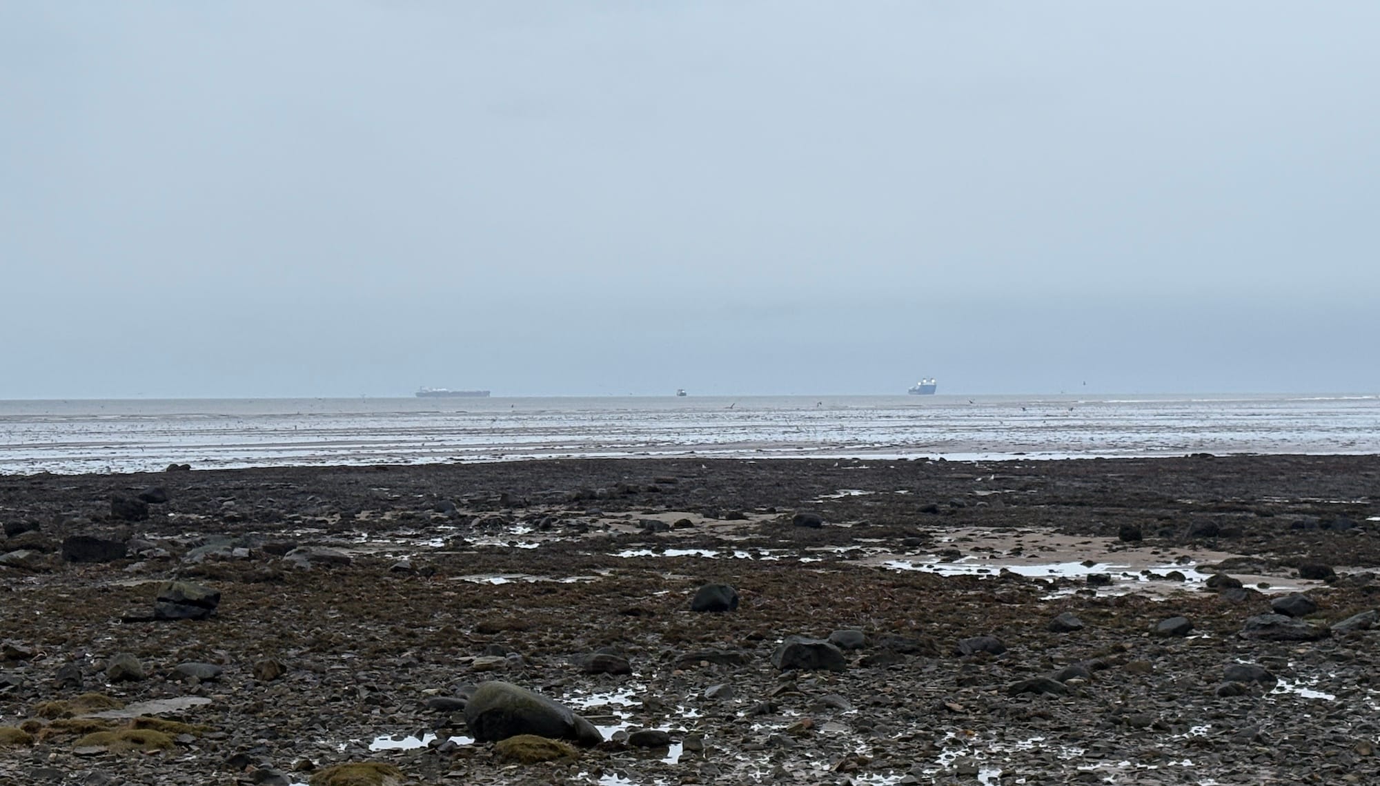 A rocky beach with grey sea in the background and three ships